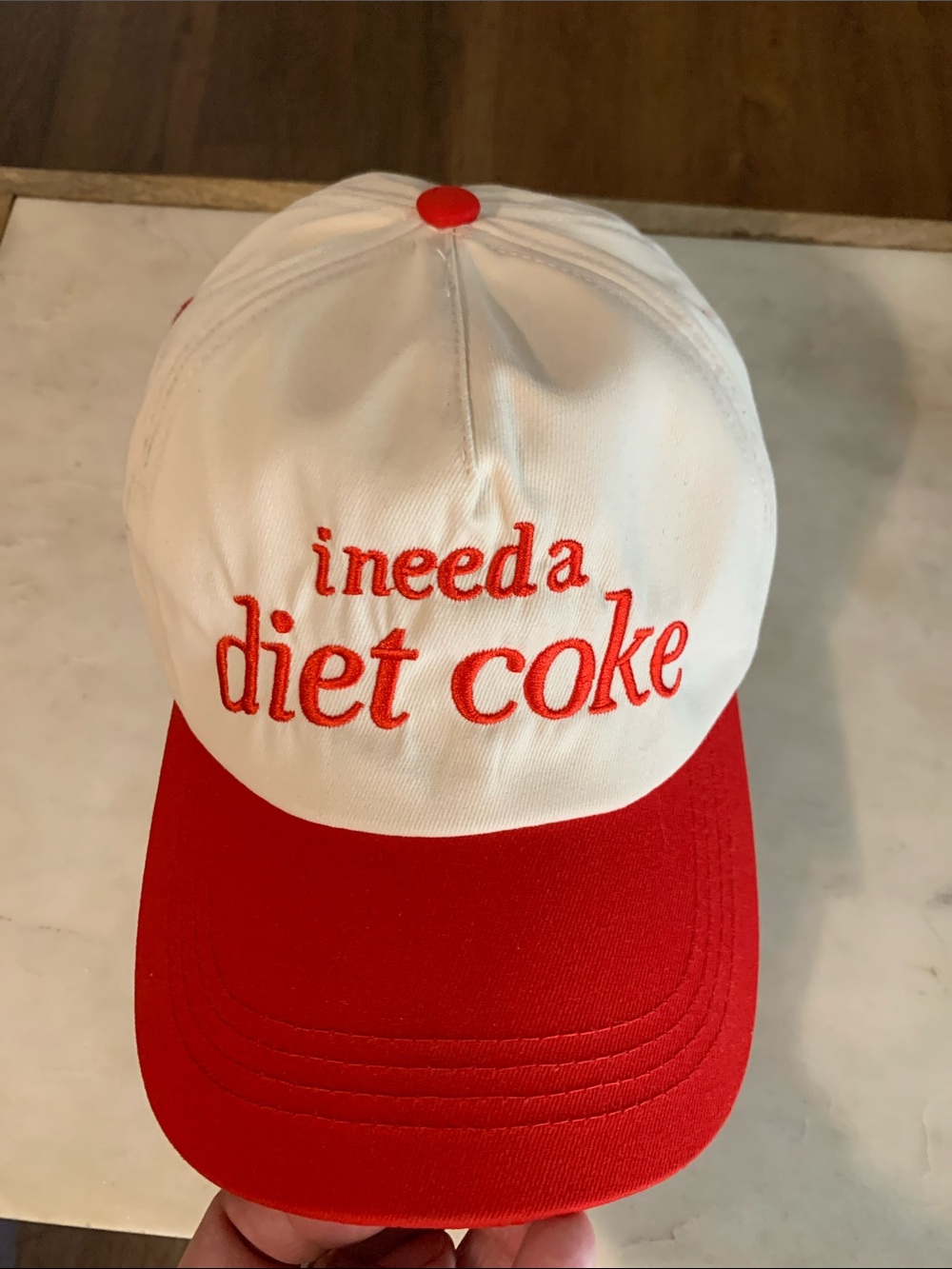 White and Red 'I need a diet coke' Embroidered Cap